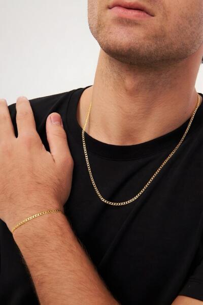 18k Altın Kaplama 3mm Gurmet 925 Ayar Gümüş Erkek Zincir Kolye Bileklik Set VES-8525 - Ventino Silver