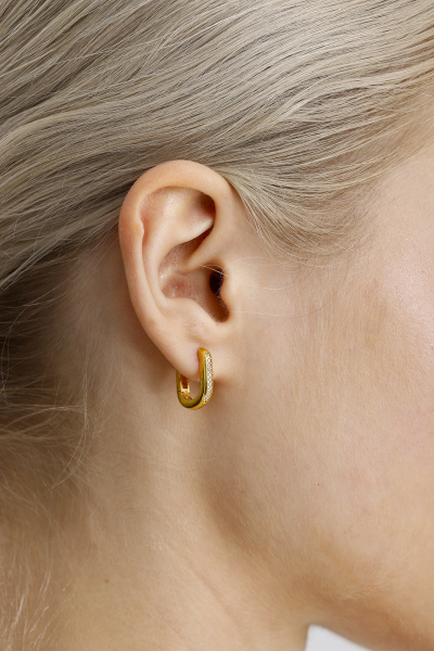 18K Altın Kaplama Tek Sıra Taşlı 925 Ayar Gümüş Kadın Oval Küpe VKP-7495 - Ventino - Ventino Silver