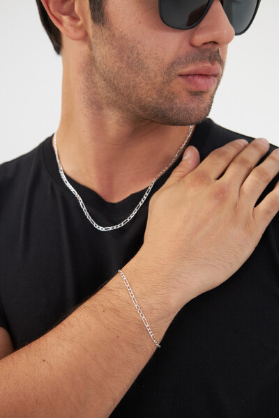 3mm Figaro 925 Ayar Gümüş Erkek Zincir Kolye Bileklik Set Ves-850250 - Ventino Silver