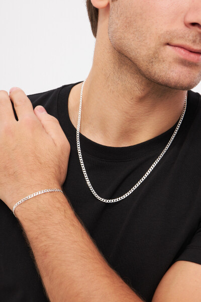 4mm Gurmet 925 Ayar Gümüş Erkek Zincir Kolye Bileklik Set Ves-8503 - Ventino Silver