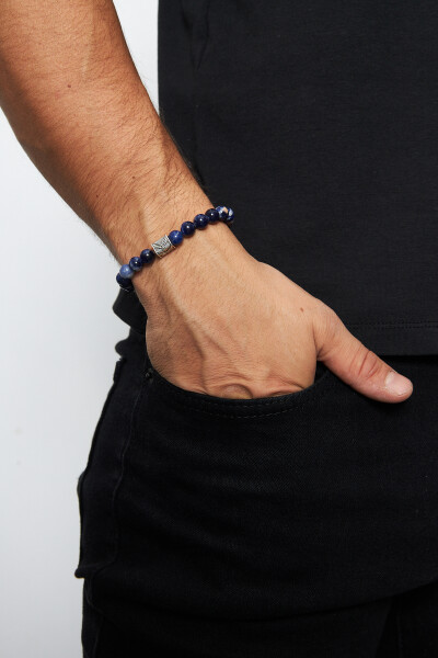 8mm 925 Sodalit Ayar Gümüş Erkek Doğal Taş Bileklik VED-0006 - Ventino Silver