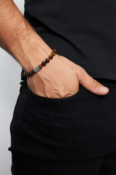 8mm Kaplan Gözü 925 Ayar Gümüş Erkek Doğal Taş Bileklik VED-0003 - Ventino Silver