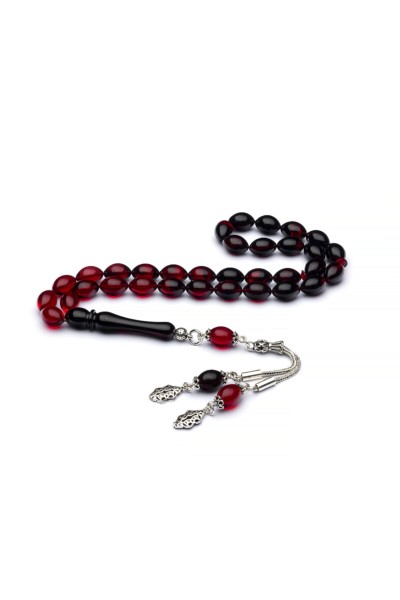 925 Ayar Gümüş Püsküllü Arpa Kesim Kırmızı-siyah Süzme Sıkma Kehribar Tesbih Vet-0072 - Ventino Silver