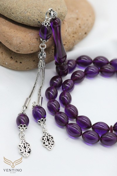 925 Ayar Gümüş Püsküllü Arpa Kesim Mor Kehribar Tesbih Vet-0070 - Ventino Silver