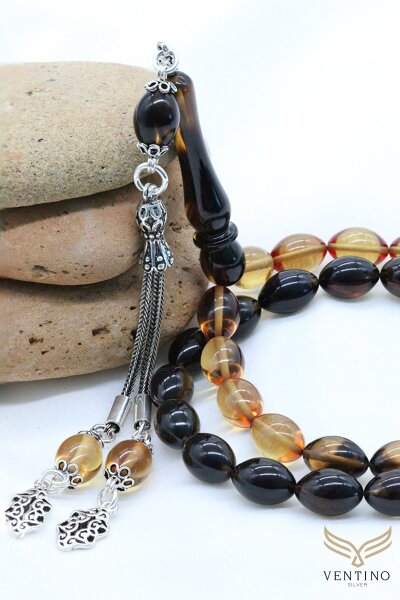 925 Ayar Gümüş Püsküllü Arpa Kesim Sarı-kırmızı Süzme Sıkma Kehribar Tesbih Vet-0073 - Ventino Silver