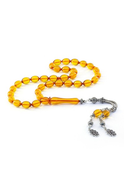 925 Ayar Gümüş Püsküllü Arpa Kesim Şeffaf Sarı Sıkma Kehribar Tesbih VET-0023 - Ventino Silver