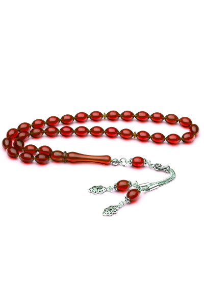925 Ayar Gümüş Püsküllü Arpa Kesim Sıkma Kırmızı Kehribar Tesbih Vet-0081 - Ventino Silver