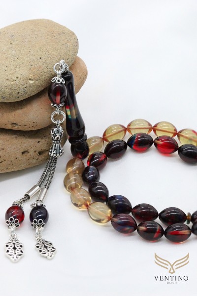 925 Ayar Gümüş Püsküllü Arpa Kesim Süzme Bonibon Kehribar Tesbih Vet-0076 - Ventino Silver