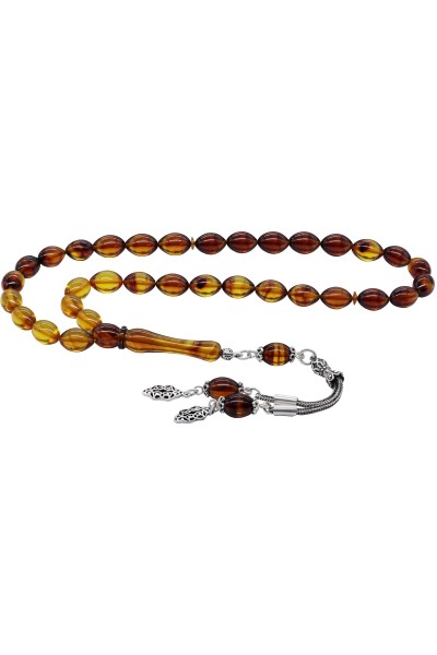 925 Ayar Gümüş Püsküllü Arpa Kesim Süzme Kahve-sarı Kehribar Tesbih Vet-0082 - Ventino Silver