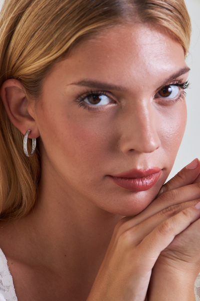 925 Ayar Gümüş Taşlı Çift Sıra Modern Tasarım Kadın Geniş Halka Küpe VKP-7537 - Ventino - Ventino Silver