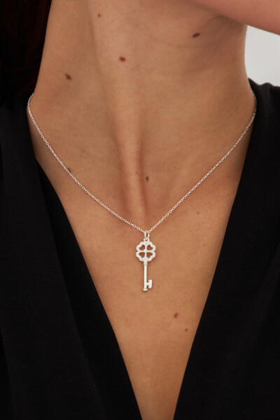 Anahtar Motifli Zirkon Taşlı Kadın Gümüş Kolye Vkk-4456 - Ventino Silver