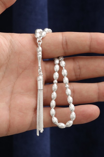 Arpa Kesim Çizgili Orta Boy 925 Ayar Gümüş Tespih VET-0094 - Ventino Silver
