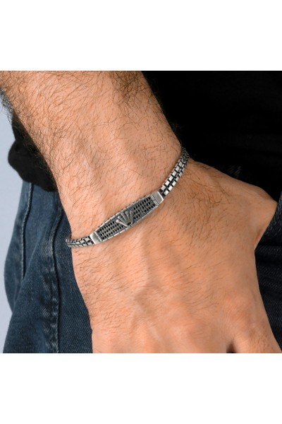 Çift Sıra Küp Zincir Zirkon Taşlı Kral Tacı Motifli 925 Ayar Gümüş Erkek Bileklik Veb-5270 - Ventino Silver