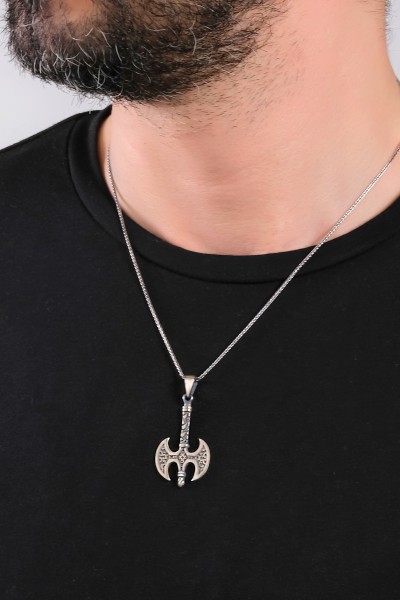 Çift Taraflı Balta Tasarımlı Erkek 925 Ayar Gümüş Kolye VEK-3199 - Ventino Silver