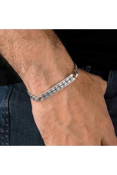 Gurmet Zincir Zirkon Taşlı Motif İşlemeli 925 Ayar Gümüş Erkek Bileklik VEB-5279 - Ventino Silver