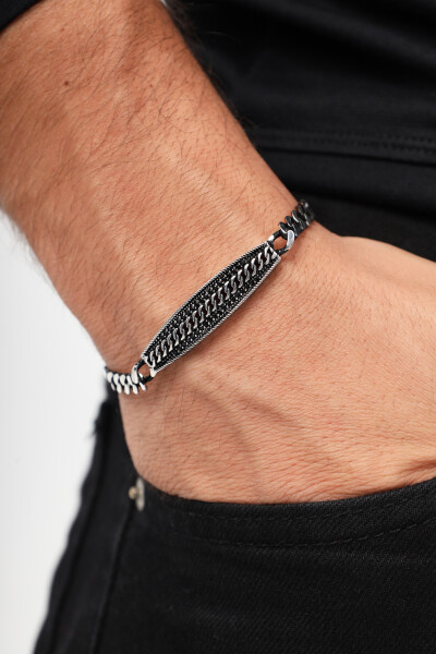 Gurmet Zincir Zirkon Taşlı Motifli 925 Ayar Gümüş Erkek Bileklik VEB-5323 - Ventino Silver