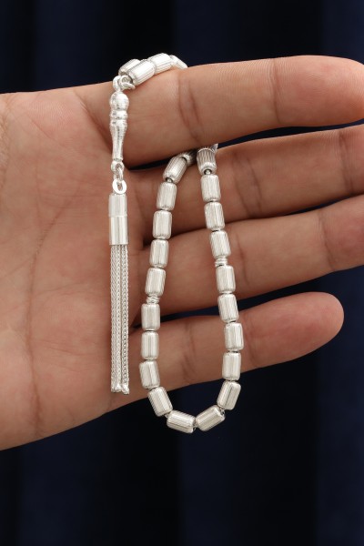 Kapsül Kesim Çizgili Orta Boy 925 Ayar Gümüş Tespih VET-0097 - Ventino Silver