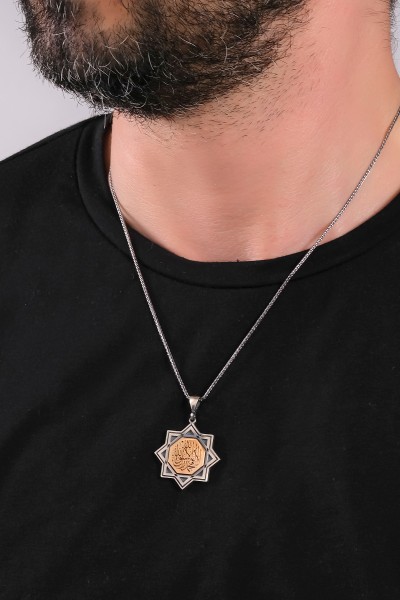Kelime-i Tevhid İşlemeli Selçuklu Yıldızı Erkek 925 Ayar Gümüş Kolye VEK-3196 - Ventino Silver