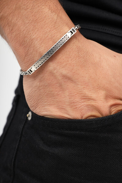 Kral Zincir Zirkon Taşlı Etnik Motifli 925 Ayar Gümüş Erkek Bileklik VEB-5325 - Ventino Silver