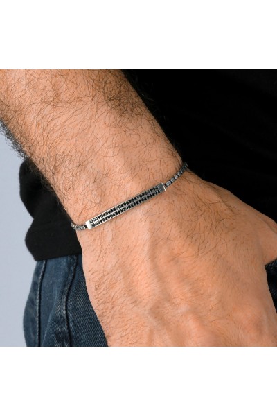 Küp Zincir Çift Sıra Zirkon Taşlı 925 Ayar Gümüş Erkek Bileklik VEB-5262 - Ventino Silver