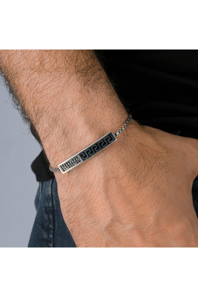 Küp Zincir Zirkon Taşlı Ve İşleme Motifli 925 Ayar Gümüş Erkek Bileklik VEB-5268 - Ventino Silver