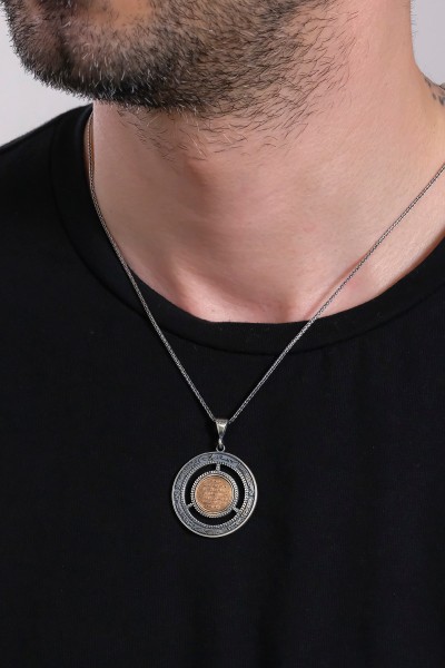 Oval Ayet-el Kürsi İşlemeli Erkek 925 Ayar Gümüş Kolye VEK-3197 - Ventino Silver