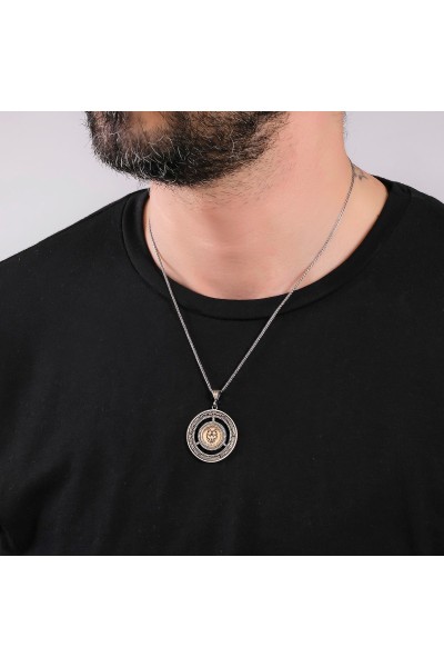 Oval Kurt Desenli Erkek 925 Ayar Gümüş Kolye VEK-3186 - Ventino Silver