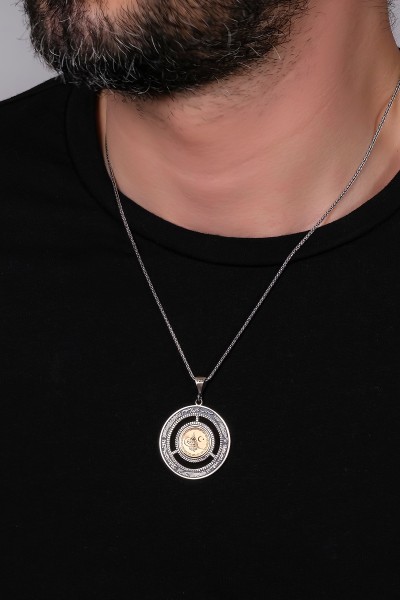 Oval Osmanlı Tuğralı İşlemeli Erkek 925 Ayar Gümüş Kolye VEK-3195 - Ventino Silver