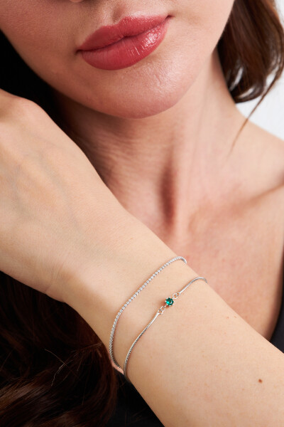 Plated Zirkon Ve Yeşim Taşlı İkili 925 Ayar Gümüş Kadın Bileklik VKB-6550 - Ventino Silver